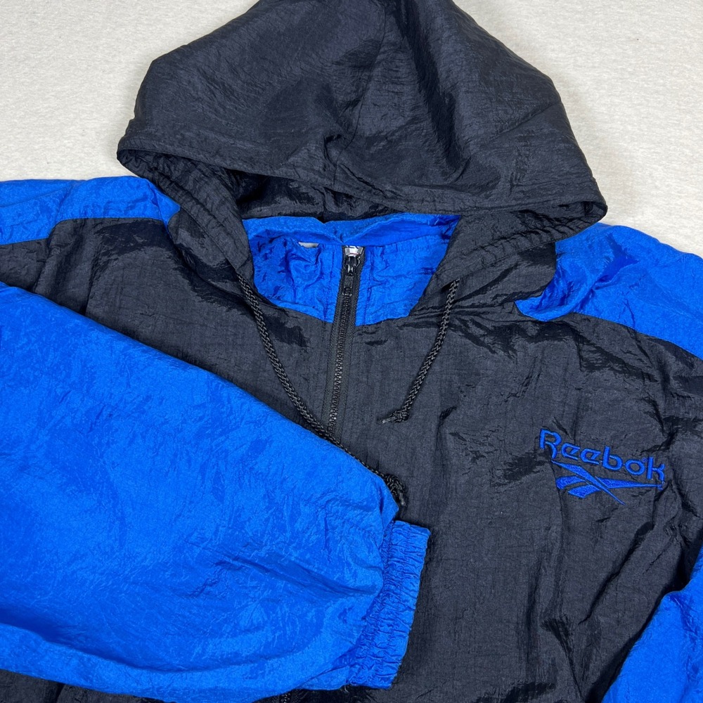 Vintage Reebok Windbreaker Jacket Mens L‎ Black Blue Colorblock Hooded Full Zip